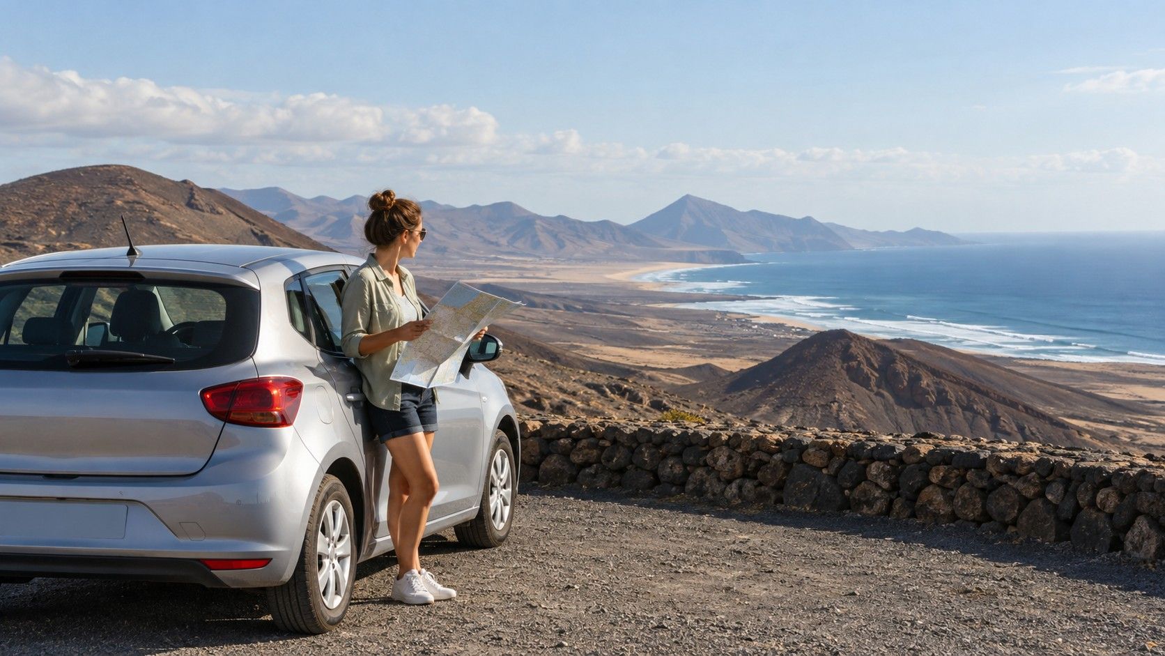 Mietwagen auf Fuerteventura vor einer trockenen Küstenstraße